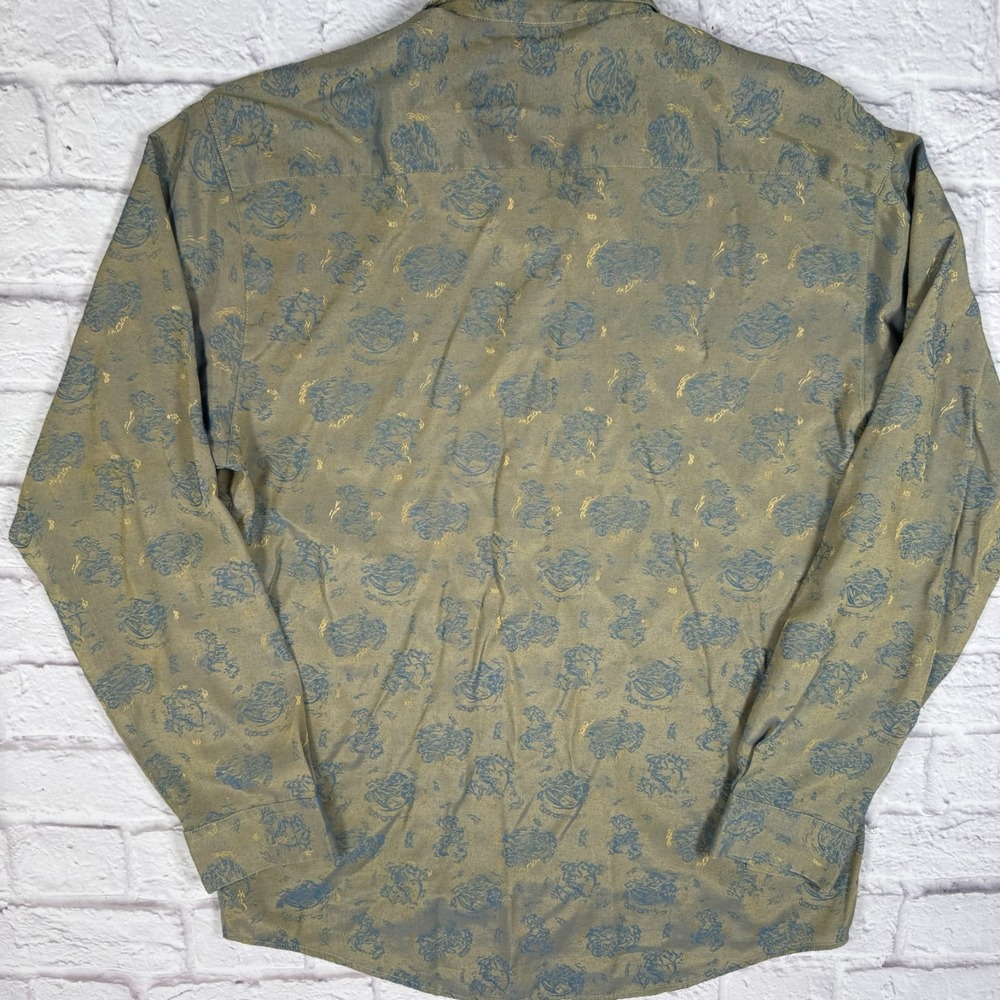 Policy Studio Mens Medium Silky Green/Blue/Gold Long Sleeve Button Up - Picture 7 of 9